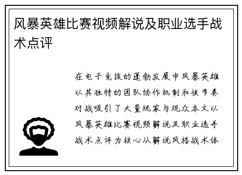 风暴英雄比赛视频解说及职业选手战术点评