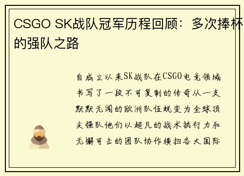 CSGO SK战队冠军历程回顾：多次捧杯的强队之路